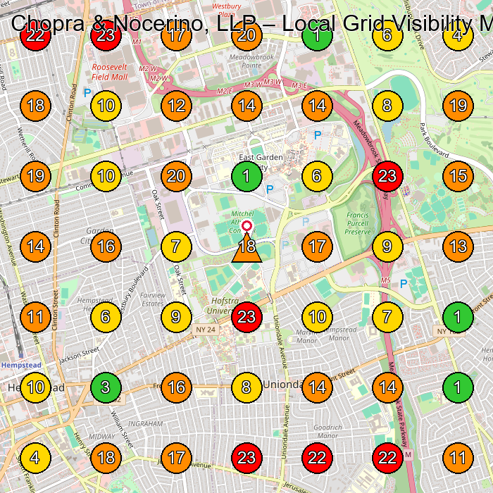 Chopra & Nocerino, LLP Personal Injury Attorney GeoGrid ranking map for Garden City NY